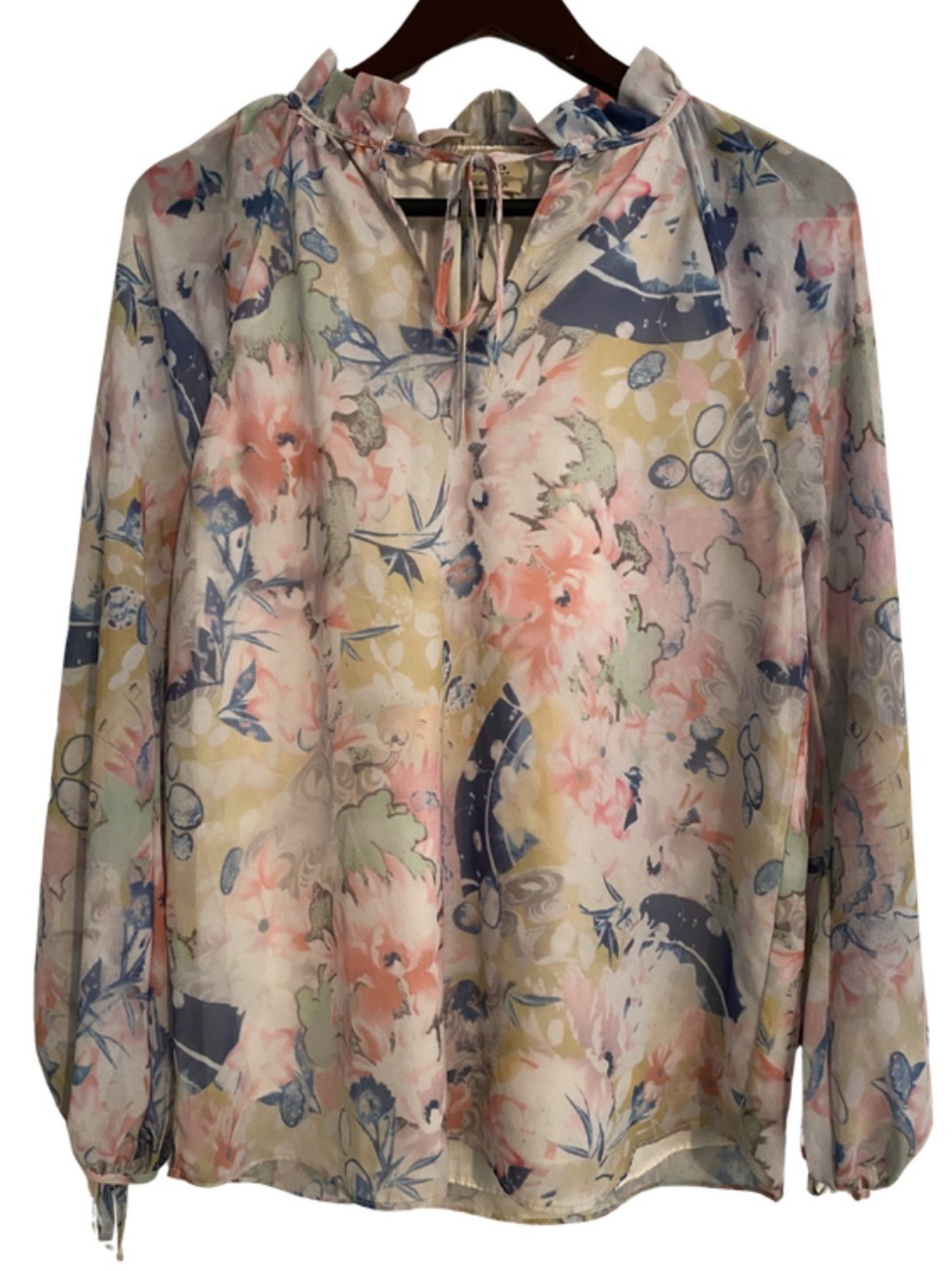 Elie Tahari Pastel Floral Tie-Neck Long Sleeve Blouse Women's Size Small